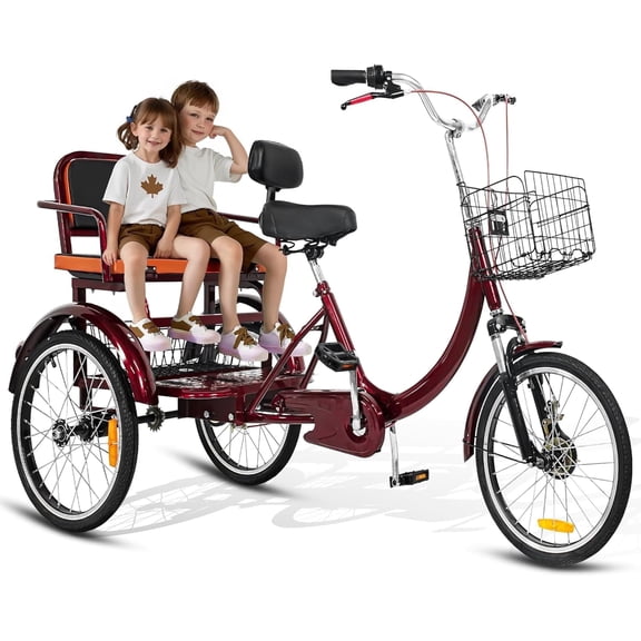 Akaber Adult Tricycle with Rear Seats, 20" 3-Wheel, Front and Rear Baskets, Trike for Seniors, Red