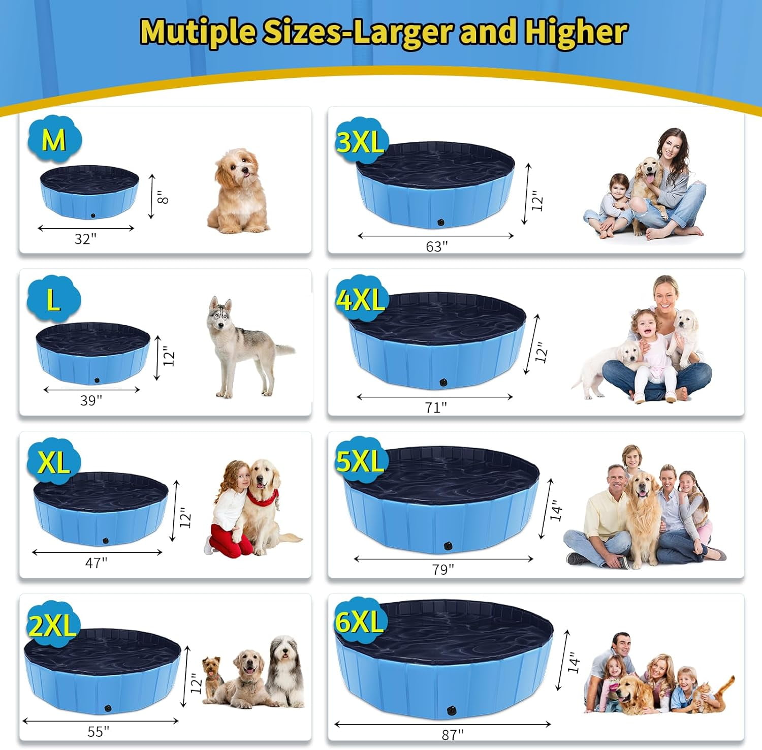 Asunby Bathing Foldable Dog Swimming Pool with Side Drain, Portable Bath Tub for Pets Indoor and Outdoor(32x 12''Blue)
