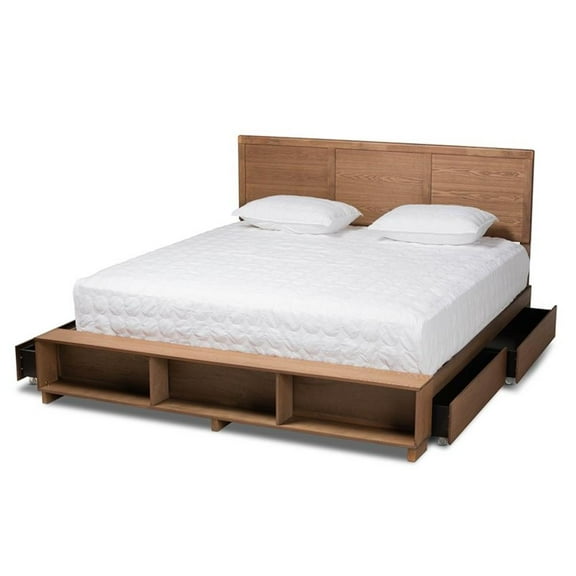 Baxton Studio Brown Finished Wood King Size 4-Drawer Bed with Built-In Shelves