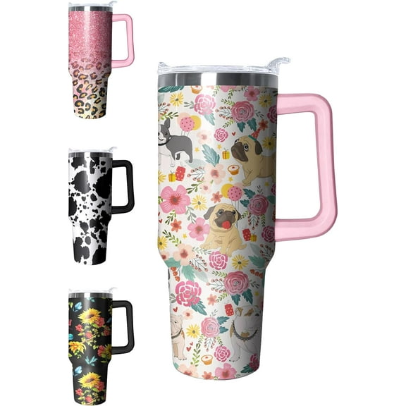 40oz Tumbler with Handle and Straw Lid Dog Flower Printed Double Wall Vacuum Water Bottle Drinks Hot or Cold Reusable Stainless Steel Travel Mug Gift for Woman