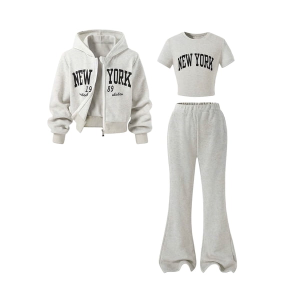 Vdoaml Girls 3 Piece Outfit Kids Zip Up Hoodie Cropped T Shirt Flare Long Pants Set Children Casual Fall Sweat Suit 13-14 Years Light Gray