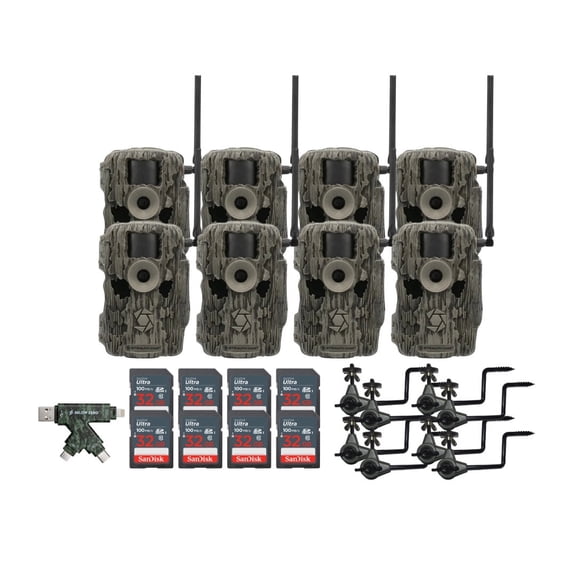 Stealth Cam 36MP Fusion Max Cellular Trail Camera (2-Pack) x 4 Bundle with Economy Trail Camera Holder (8-Pack), 4-In-1 Card Reader, and 32GB Ultra SDHC UHS-I Memory Card (8-Pack) (21 Items)