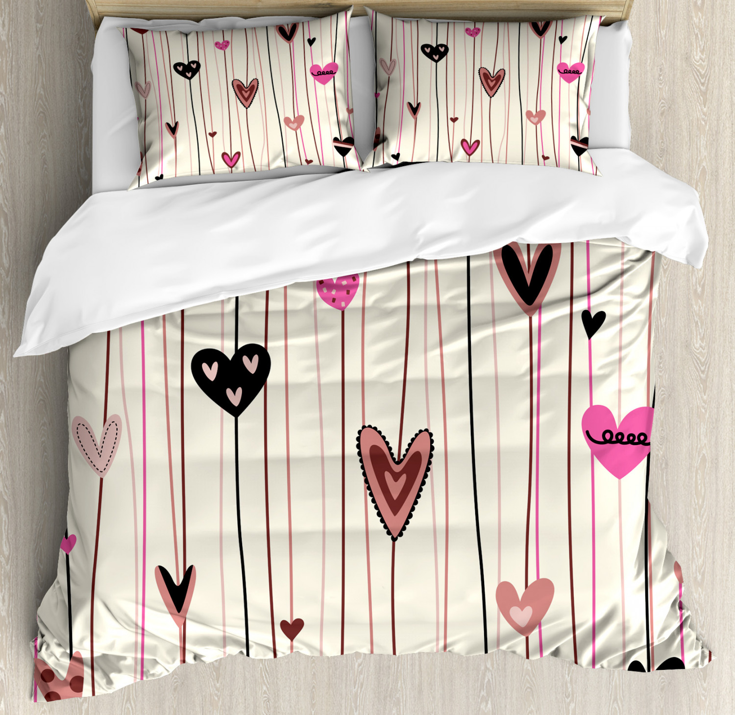 Valentines Day Queen Size Duvet Cover Set, Hearts in Various Shapes and