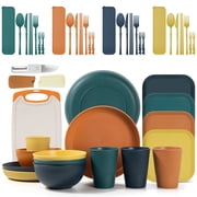 GPED 46 Pieces Wheat Straw Dinnerware Sets for 4, Plates and Bowls Sets With Cutting Board and Fruit Knife, Unbreakable Outdoor Camping Dishes Sets, Microwave & Dishwasher Safe, Mediterranean Palette