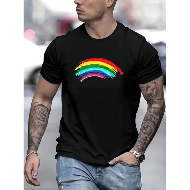 Rainbow Print Men's Crew Neck Fashionable Short Sleeve Sports T-shirt, Comfortable And Versatile, for Summer And Spring, Athletic Style, Comfort Fit T-Shirt, As Gifts