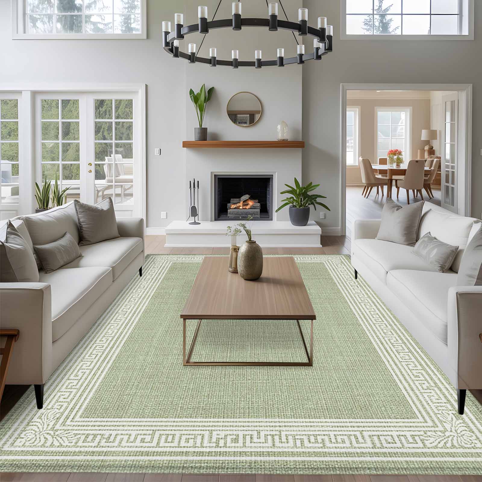 6x9 Area Rugs for Living Room, Sage Green Retro Greek Key Non Slip Area Rugs for Kitchen Bedroom Entryway, Geometric Greece Ancient Rustic Washable Carpet Runner Rug Floor Mats for Bedroom