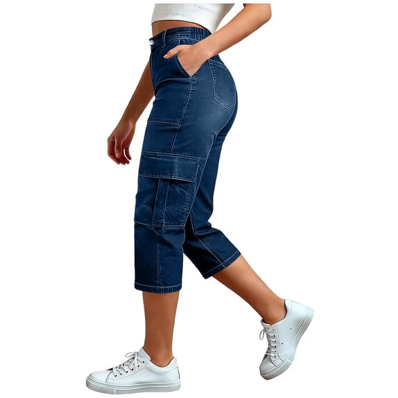 Women Pants Lightweight Cropped Elastic Waist Casual Stretchy Jeans with Pockets Denim Jeans for Women