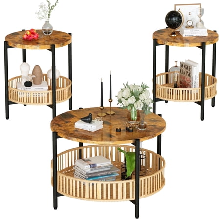 AWQM 3-Piece Round Coffee Table Set with Rattan Storage, Rustic Brown Wood & Woven Side Tables, Space-Saving Living Room Furniture with Natural Boho Style