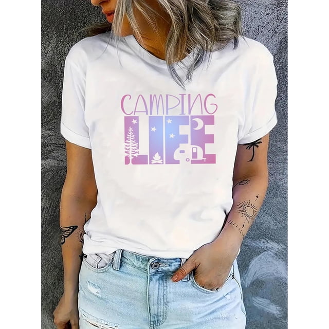 T-Shirt à Imprimé Abstrait Dégradé Tendance pour Femmes - Col Rond Décontracté, Manches Courtes, Mélange de Polyester Extensible, Lavable en Machine - Parfait pour l'Été & Tenue Décontractée Fête des Pères, Fête des Mères, Nouvel An