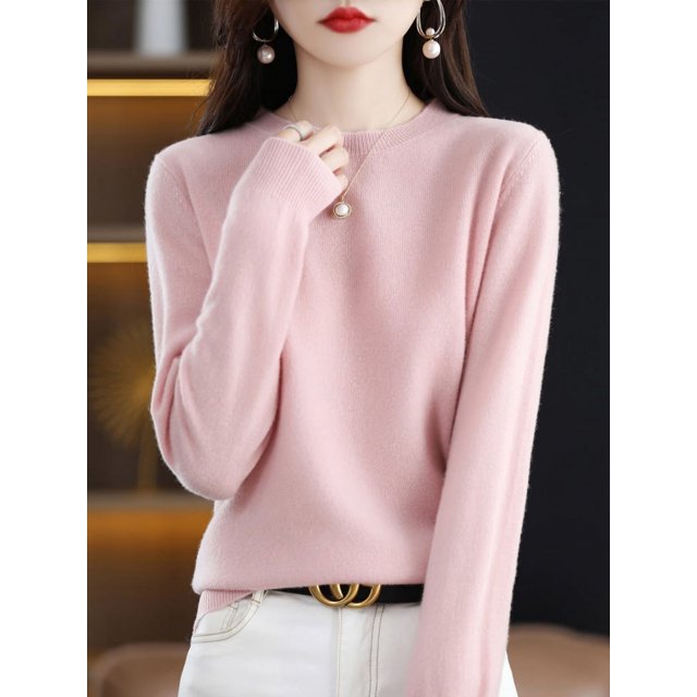 Suéter de lana 100 % merino de moda, jersey de cachemira, cuello redondo, manga larga, prendas de punto para mujer, ropa de otoño e invierno, tops Aliselect