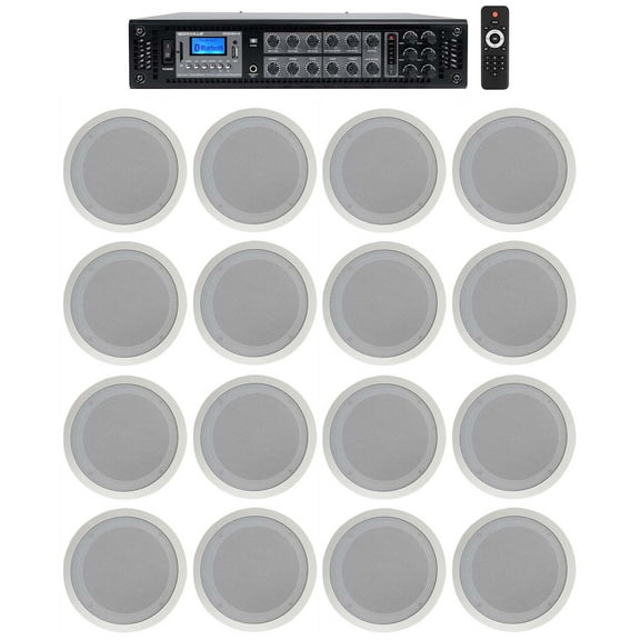 Rockville 6-Zone Amplifier (16) 8" 2-Way White Ceiling Speakers For Restaurant