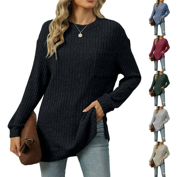 Womens Long Sleeve Pullover Sweater Crew Neck Loose Fit Basic Comfort Top