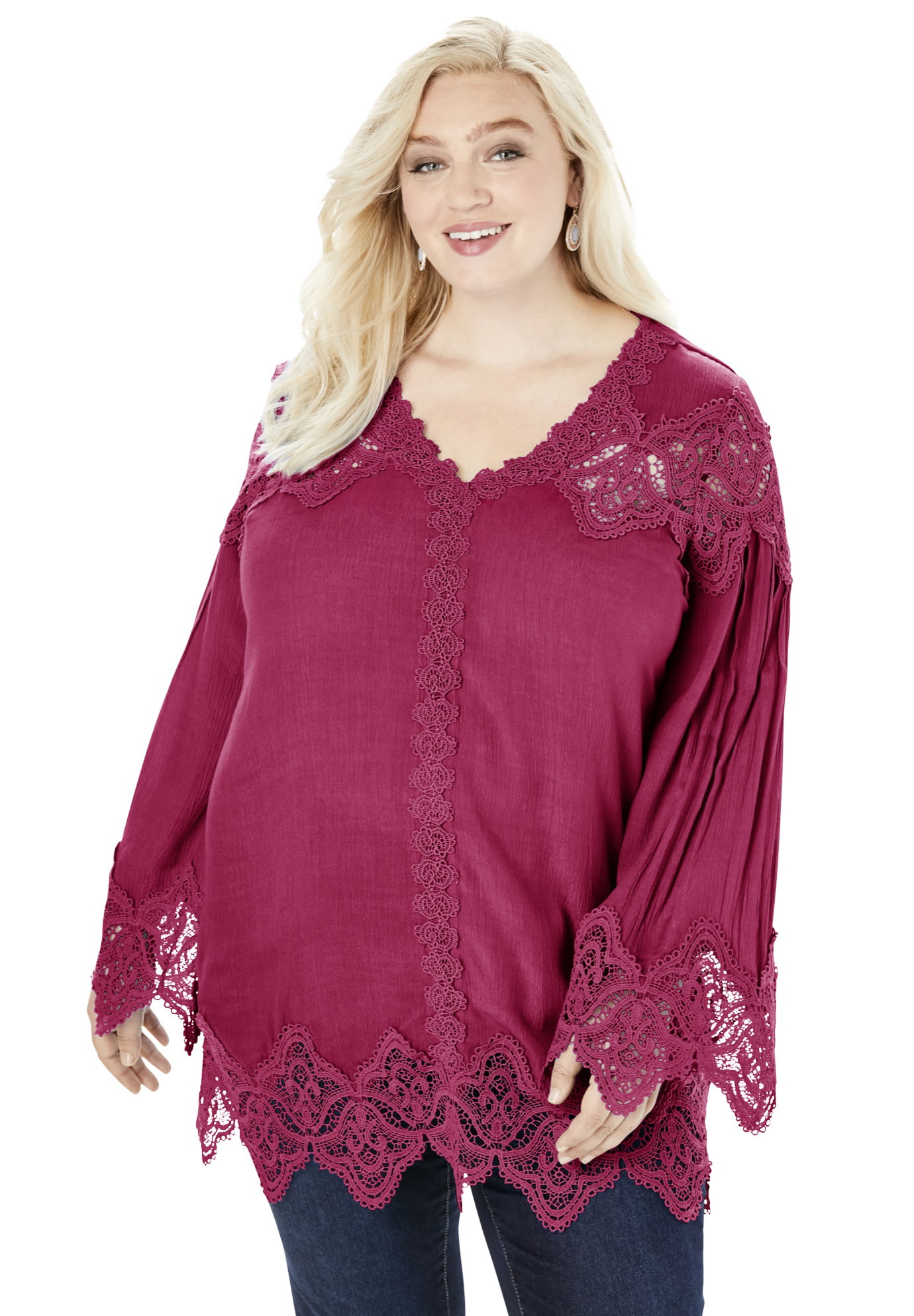 Videnskab klon arrestordre Roaman's Women's Plus Size Lace-Trim Tunic Long Shirt Blouse - 24 W, Berry  Twist Purple - Walmart.com