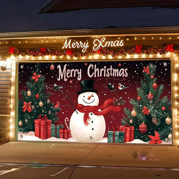 Gran pancarta navideña para puerta de garaje | Decoración para fiestas navideñas | Decoración para exteriores | Decoración de pared para interiores | Tela de poliéster con ojales | 3,96 x 1,80 m