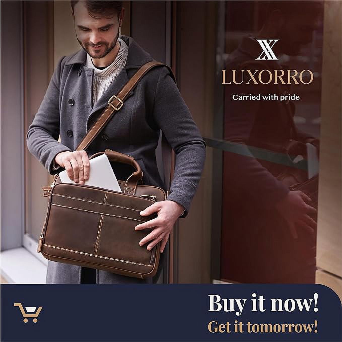 Full-Grain Leather Laptop Briefcase For Men, Leather Bag, Leather Computer Bag For Men - Dark Brown