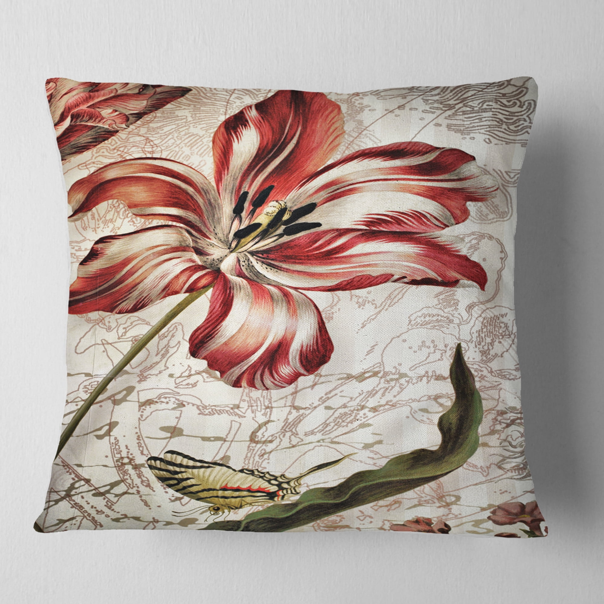 Designart Red Floral Pattern with Butterfly - Floral Throw Pillow - 16x16