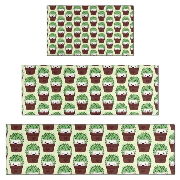 Cute Green Hedgehog Pattern Kitchen Rugs Sets Of 3,Kitchen Runner Rugs Non Skid Washable,Decorative Kitchen Floor Mats for Kitchen,Sink,Laundry,17"x30" 17"x47" 17"x59"