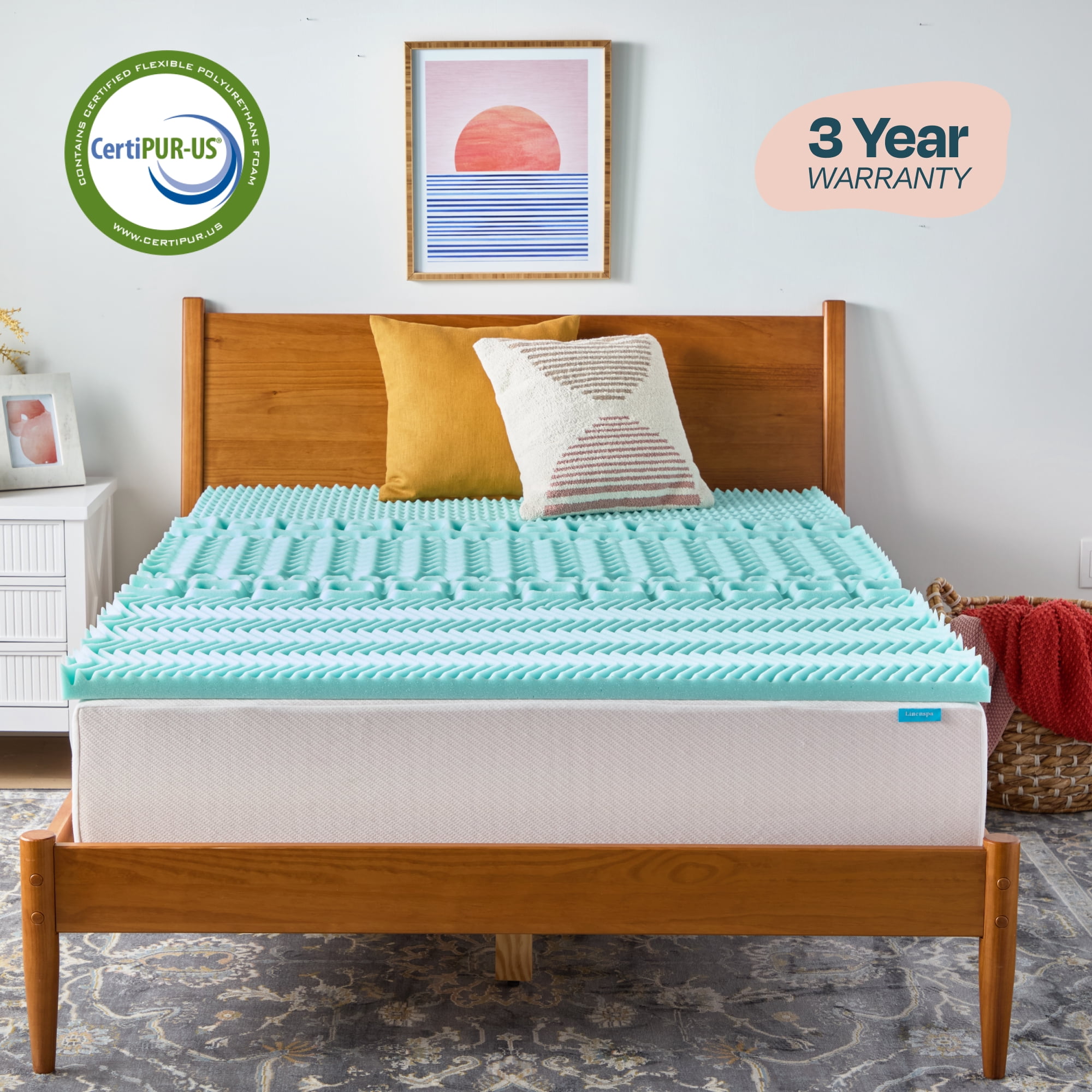 Linenspa 2" 7-Zone Cooling Gel and Green Tea Infused Memory Foam Mattress Topper, Full