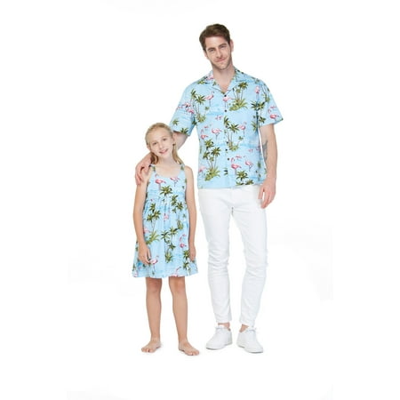 

Made in Hawaii Matching Father Daughter Luau Shirt Elastic Strap Dress in Flamingo Turquoise