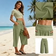 thumbnail image 3 of Wide Leg Pants for Women Casual Cotton Linen Capris Pants Elastic High Waisted Baggy Pant Summer Beach Trousers with Pockets, 3 of 9