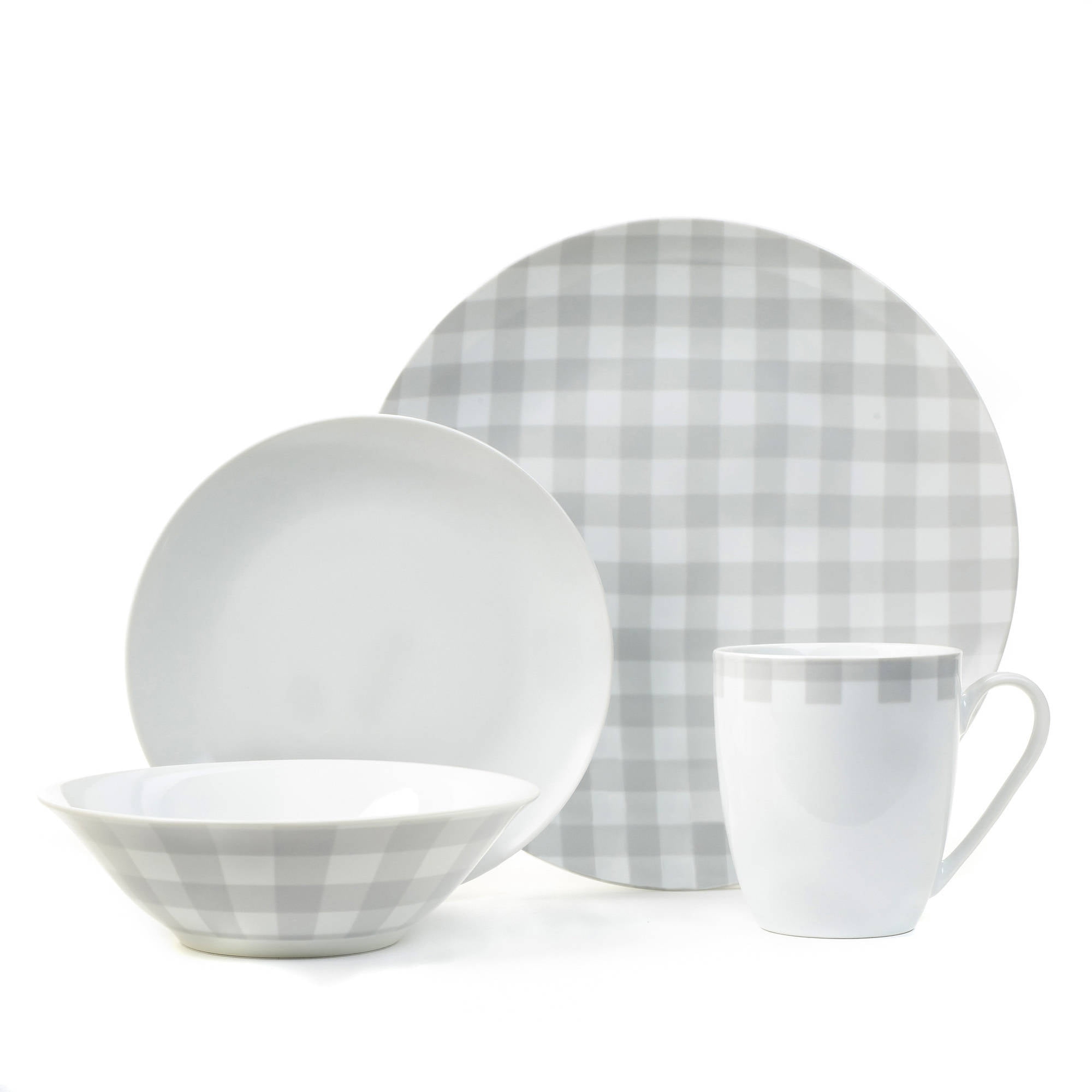 Plaid Collection 16Piece Gray Porcelain Dinnerware Set, Walmart