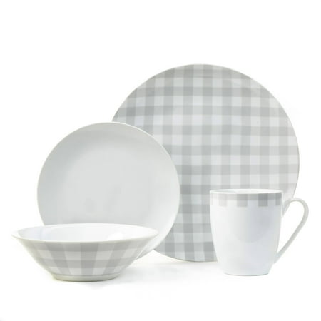 Plaid Collection 16-Piece Gray Porcelain Dinnerware Set, Walmart Exclusive