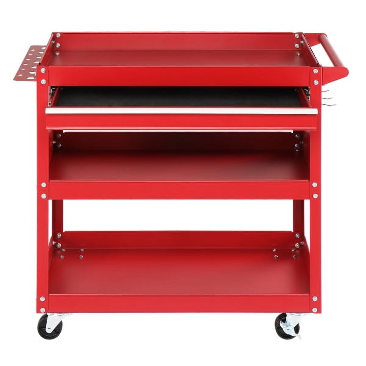 Red 3-Tier Rolling Tool Cart w/ Pegboard & Drawer - 330lb Capacity Heavy-Duty Steel Utility Cart for Garage, Workshop, Warehouse