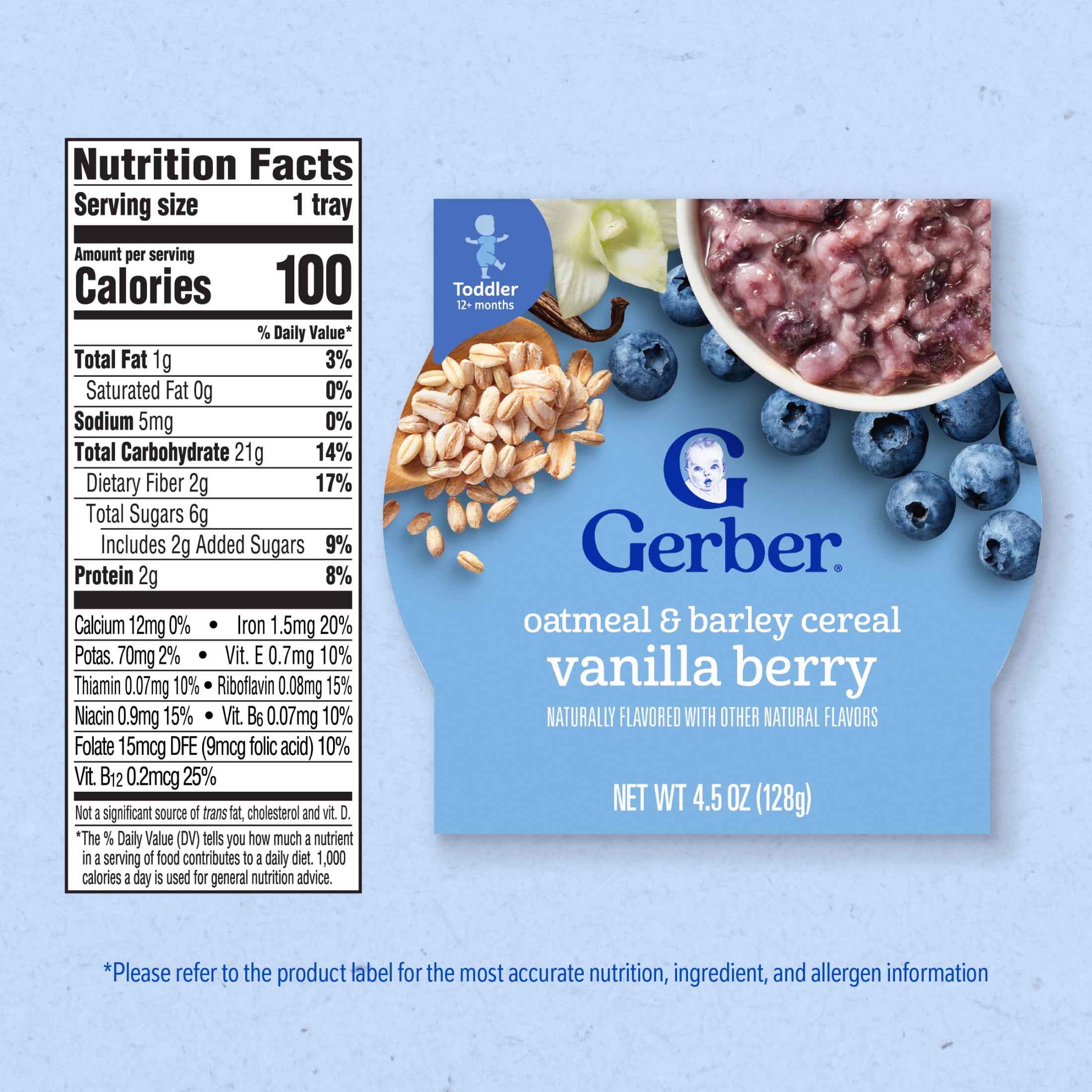 (12 pack) Gerber Toddler Food, Oatmeal and Barley Vanilla Berry Cereal, Toddler Oatmeal 4.5 oz
