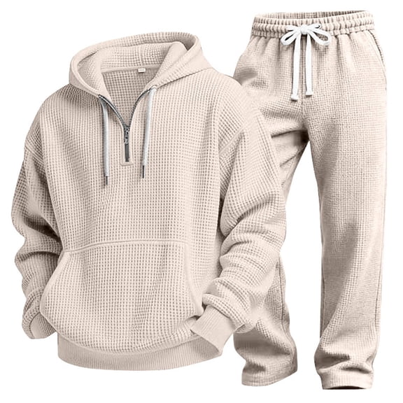 Migroa Hoodies for Men Tracksuit Set - Matchingquarter Zip Pullover Sportswear & Joggers Sweatpants, Versatile Athletic Casual Wear in Solid Colors , Beige L