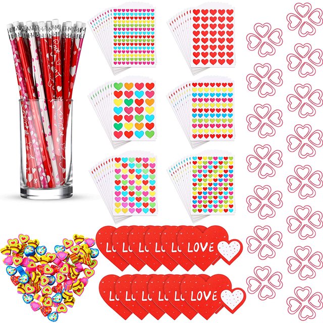 216 Pieces Valentine's Day Pencils Stationery Set Include Heart Print Pencils Heart Sticky Notes Heart Decorative Stickers Heart Paper Clips Heart Shape Erasers for Kids Students Classroom Exchange
