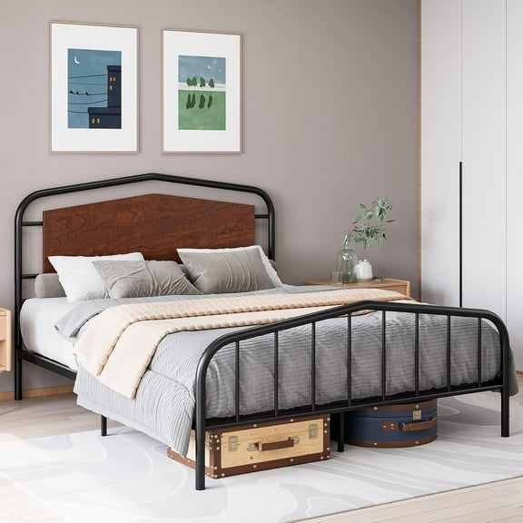 Senfot Full Size Industrial Metal Platform Bed Frame with Wooden Headboard - Noise-Free, Under-Bed Storage, No Box Spring Needed, Wrought Iron Frame, Brown