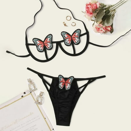 

UoCefik Women Embroidery Lingerie Set Mesh Butterfly Lingerie for Women Sexy Babydoll Bodysuit Black M