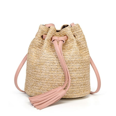Summer Beach Woven Straw Bag, Drawstring Shoulder Bag Crossbody Bucket ...