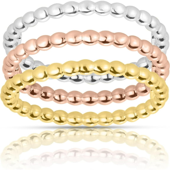 Floreo 10k Tri-Color Gold Beaded Stackable (Set of 3) Women's Ring