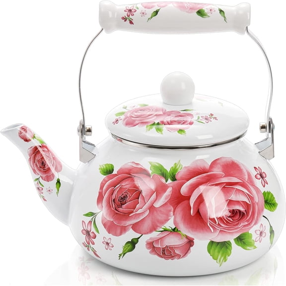 2.6 Quart Enamel Tea Pot for Stovetop, Pink Vintage Tea Kettle with Floral Pattern, 2.5 L Delicate Cute Steel Water Kettle Pot with Porcelain Handle