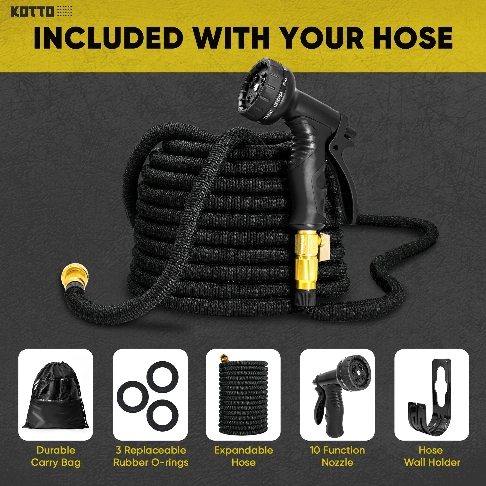 Kotto 100 ft Flexible Garden Hose, Water Hose for Outside with 10 Spray Nozzles, Brass Connector, Leak-Proof, Black