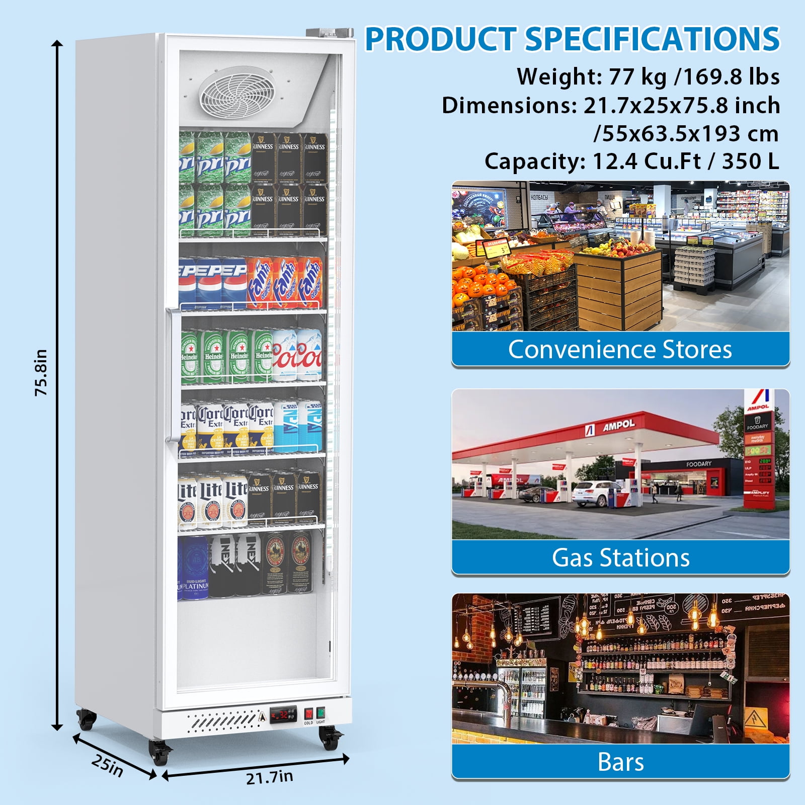 Garvee Commercial Refrigerator,12.4 Cu.ft Display Fridge Merchandiser Upright Beverage Cooler,Single Glass Door Fridge with Adjustable Shelves & LED Lighting,White