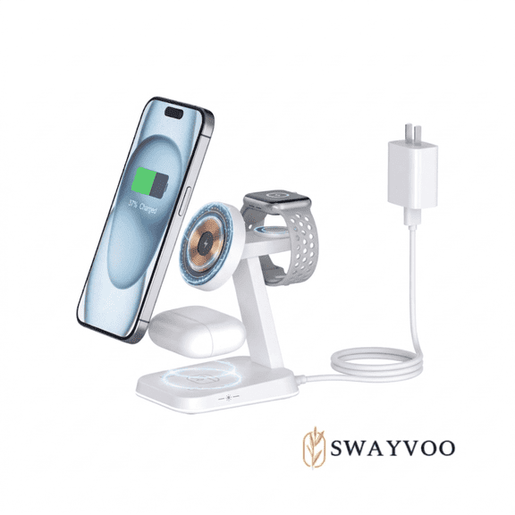 Swayvoo MagSafe Wireless Charging Station 3-in-1 with LED Night Light — 15W Fast Charger for iPhone 17 16 15 14 13 12, Apple Watch, AirPods