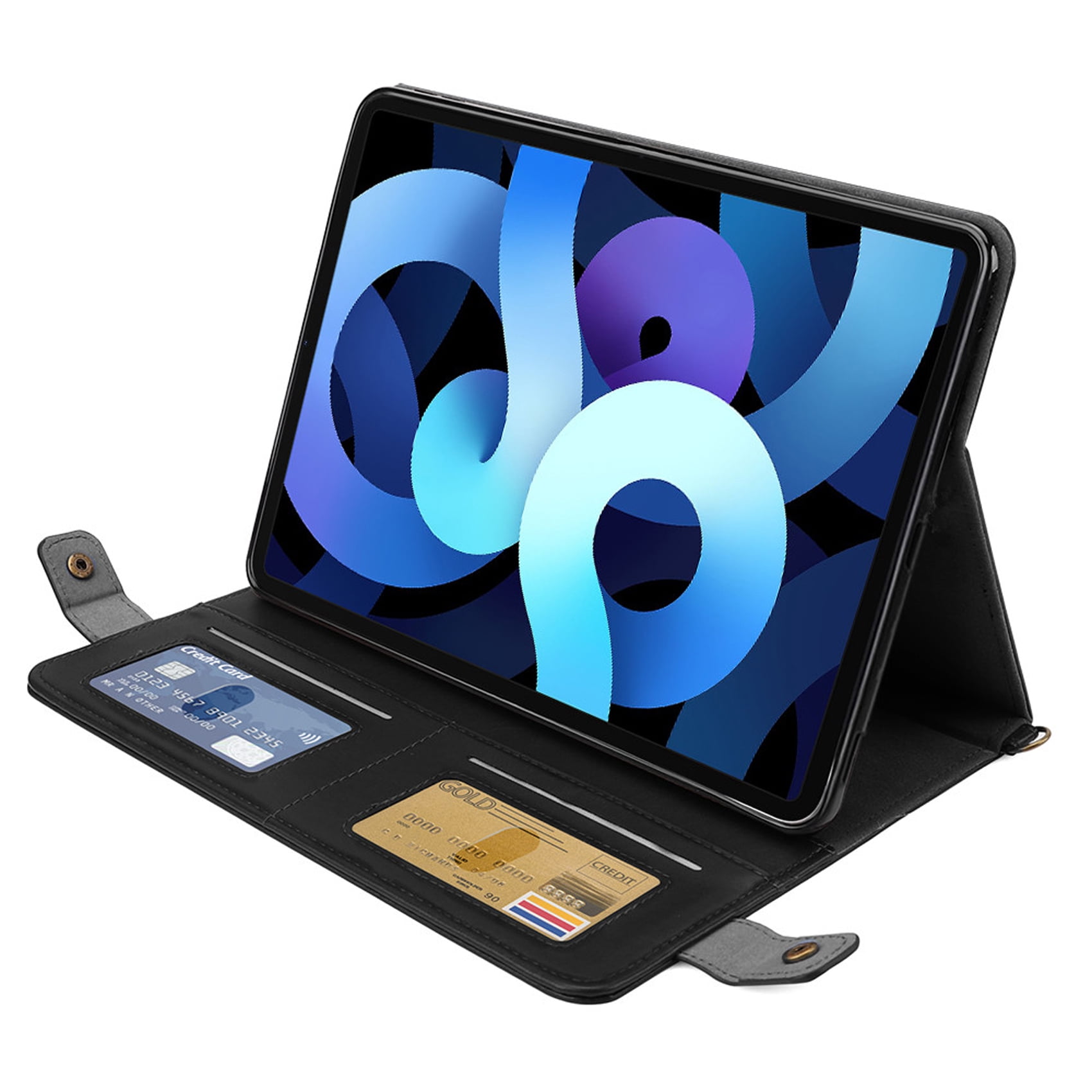 for iPad (A16) 11th Gen 2025 / iPad 10th Gen 10.9" 2022 PU Leather Case, with Pencil Holder, Money Pocket, Shoulder/Hand Strap, Card Slots Kickstand Flip Cover, Full Body Protection, Black