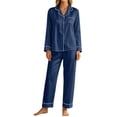 thumbnail image 6 of XUNKUSGA Womens Pajama Sets Classic Solid Color Satin Silk 2 Piece Sets for Women Notch Collar Long Sleeve Button Down Pjs Set with Pants Soft Loungewear Sets Navy M, 6 of 7