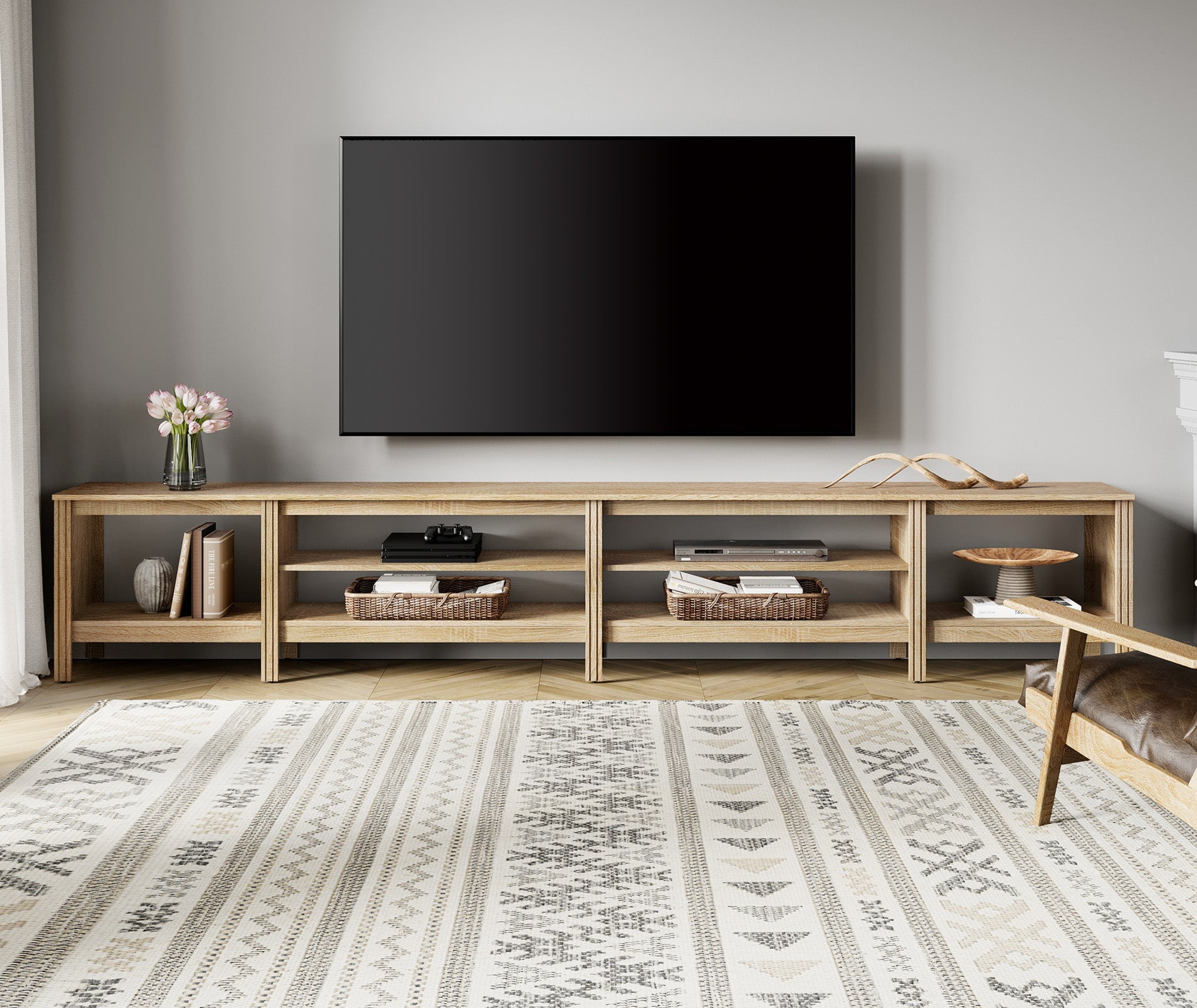 Fitueyes 118" Mid-Century Modern TV Stand for 85-100" TVs, Home Entertainment Center with Open Shelves for Living Room, Oak