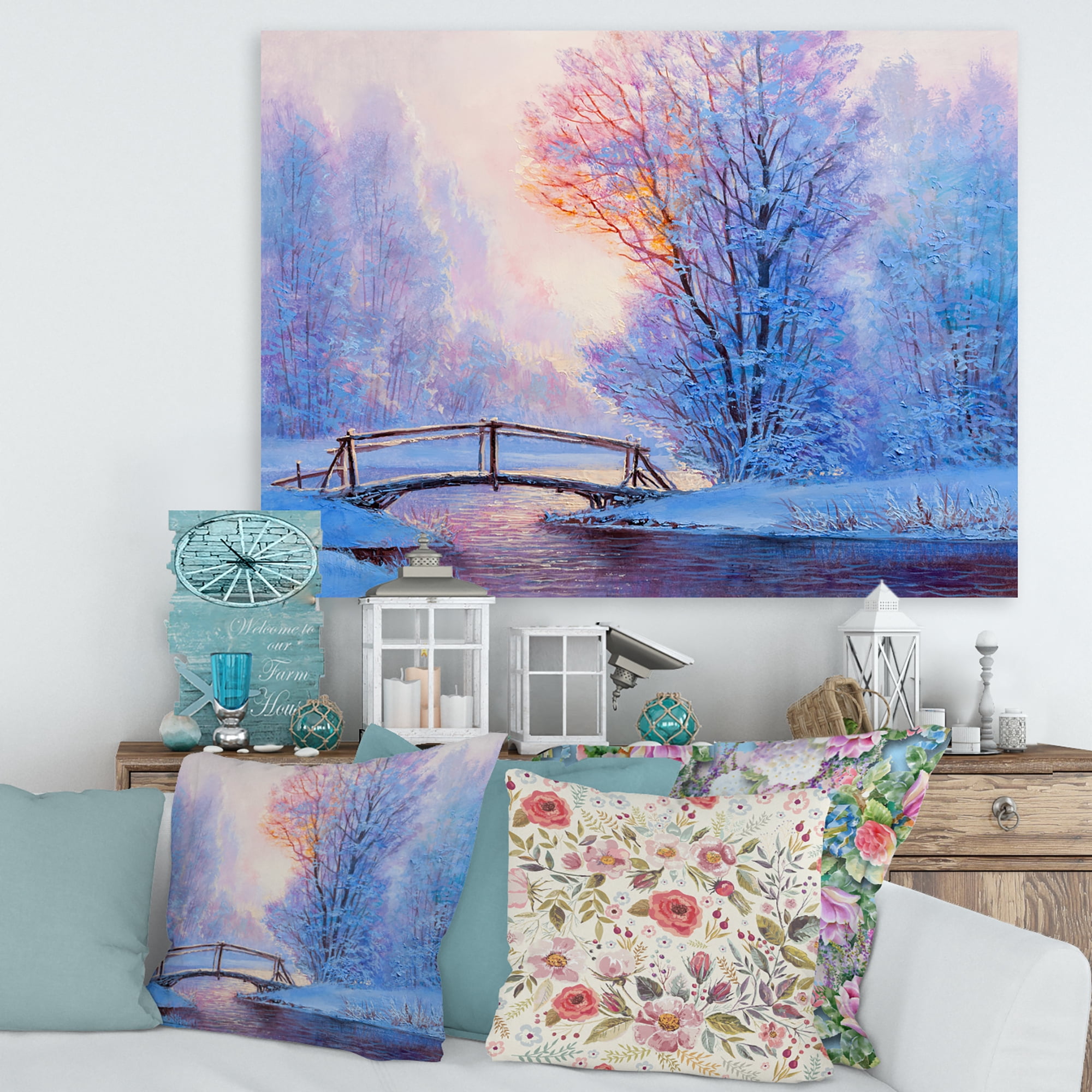 Winter Landscape With A Bridge and A River 8 in x 12 in Painting Canvas Art Print, by Designart