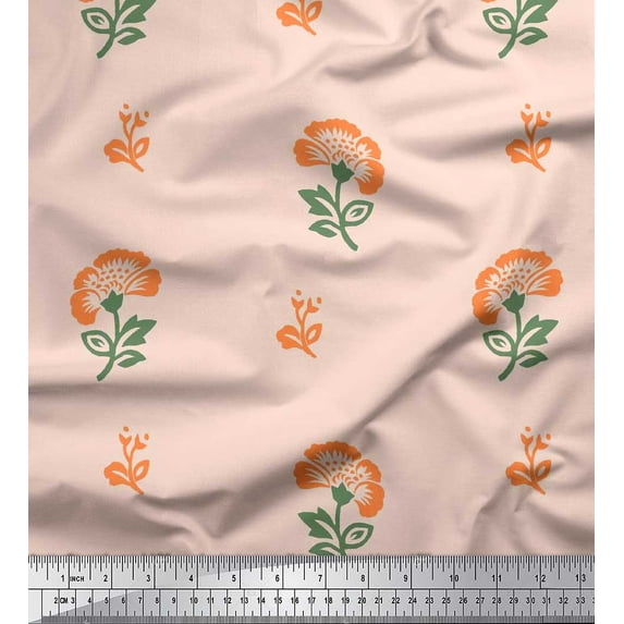 Soimoi Poly Georgette Fabric Leaves & Floral Block Printed Craft Fabric by The Yard 52 Inch Wide