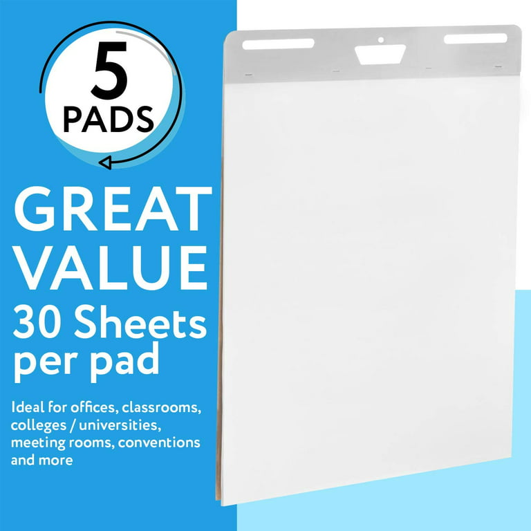 Impresa Large Sticky Easel Pads - 5 Pack (30 Sheets Per Pad) - Flip Charts  for Classroom and Office - Sticks onto Walls and Whiteboards - White