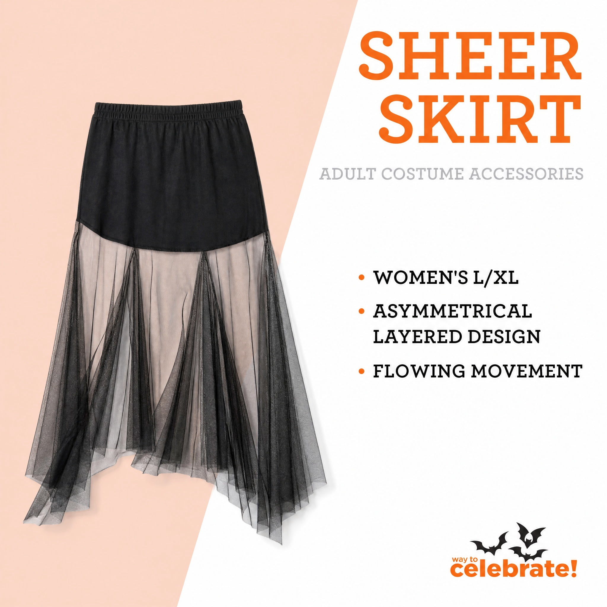 Sheer Skirt Costume Accessory for Adults, Black, L/XL, Halloween by Way To Celebrate
