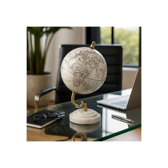 Decorative Globe on Redged Marble Base for Home or Office Decor - Modern Desktop Globe for Living Room Decor or Shelf Display - Ornament for Desk, Hallway, or Coffee Table - 10", White & Gold