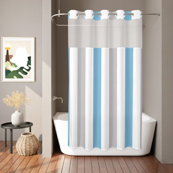 Blue Grey Stripe Shower Curtain, Classic Modern Waterproof No Hooks Bath Shower Curtain with See Through Top Window for Bathroom Bathtub 36x78in
