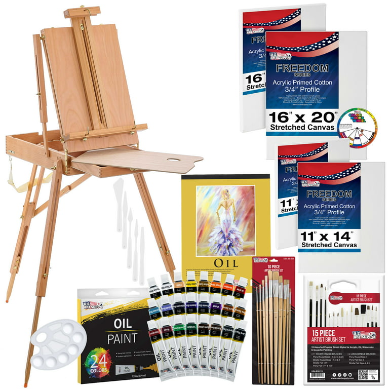 US Art Supply 63-Piece Artist Oil Painting Set with Coronado French Style  Sketch Box Easel, 24 Oil Paint Colors, 25 Brushes, 4 Stretched Canvases,  Oil