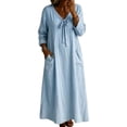 thumbnail image 2 of Ovbmpzd Loose Summer Dresses for Women With Long Sleeves Plus Size Smocked V Neck Boho Shirt Dresses Casual Light Blue Fall Dresses,XL, 2 of 4