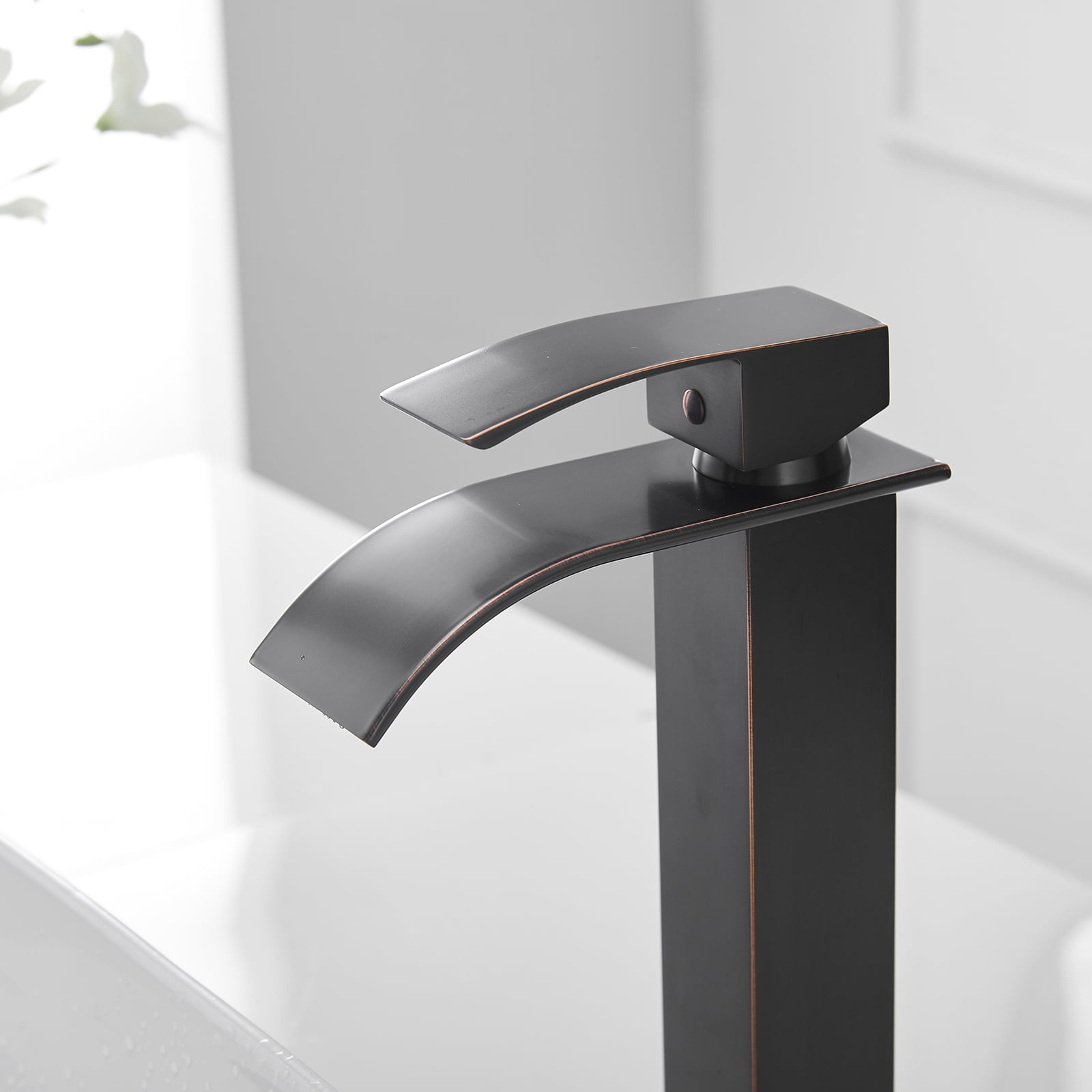 BWE Vessel Sink Faucet Modern Waterfall Oil Rubbed Bronze Single Hole Bathroom Faucet Single Handle with Pop up Drain Without Overflow Assembly Vanity Basin Bath Sink Faucets Mixer Tap
